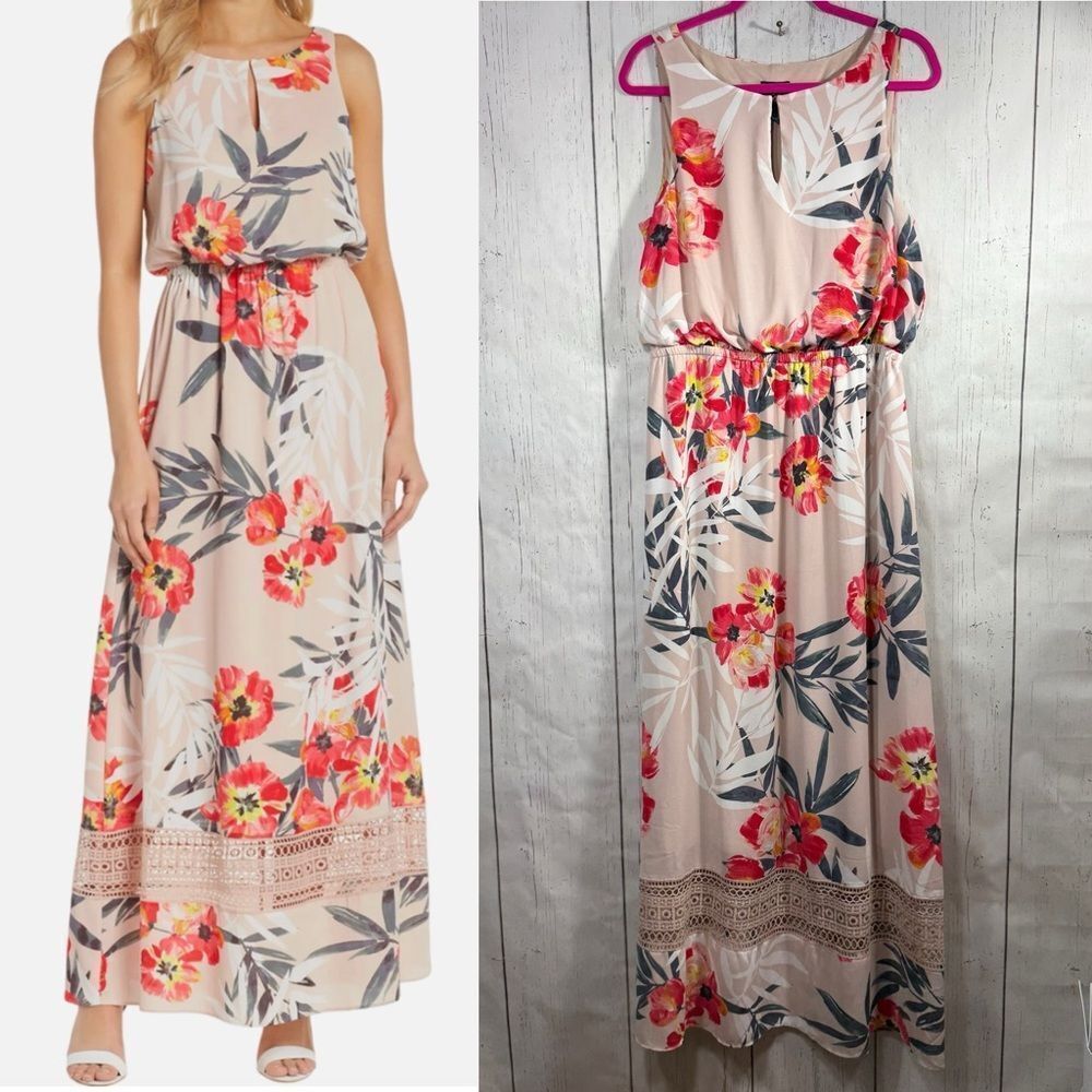 Adrianna Papell Floral Maxi Dress Size 10 Boho Resort Summer Feminine Tropical